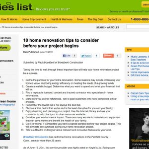 Broadbent Construction Featured on Angie's List, a directory of consumer rated local service companies and contractors