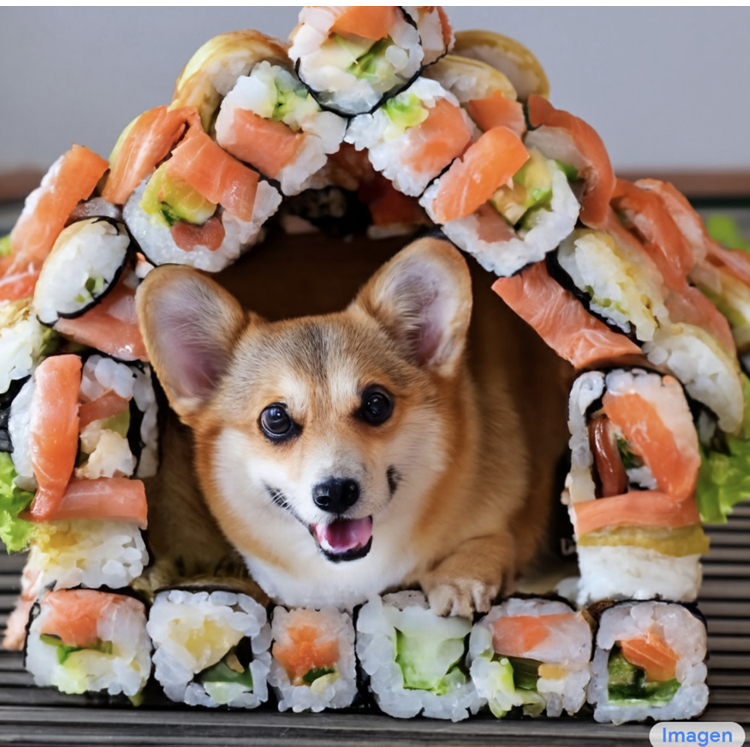 Corgi in a house made from sushi
