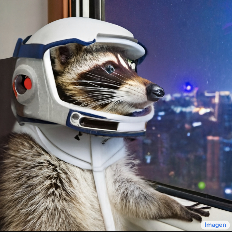 Racoon with astronaut helmet staring out of window 