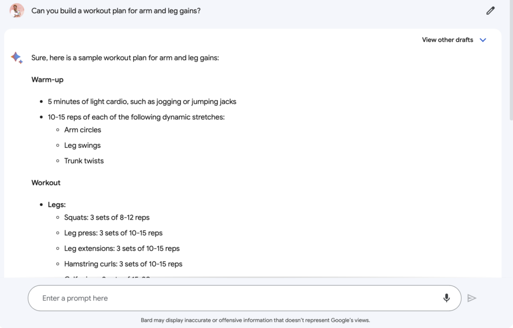 Another screenshot of Google Bard's interface providing a workout routine.