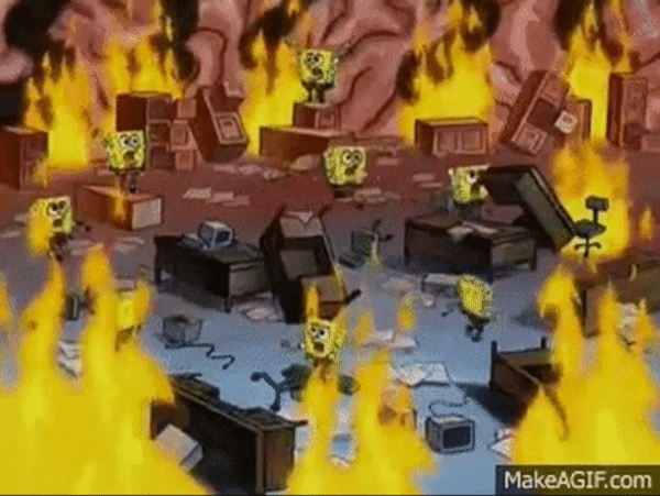 Several SpongeBob's running frantically in an office that's on fire.